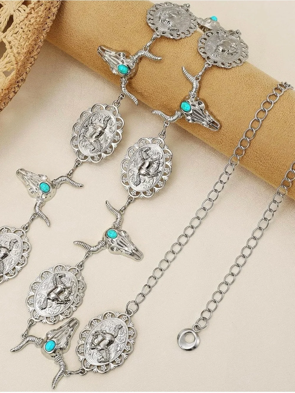 NWT Western Silver-Tone Concho Cow Skull Chain Belt with Turquoise Accents